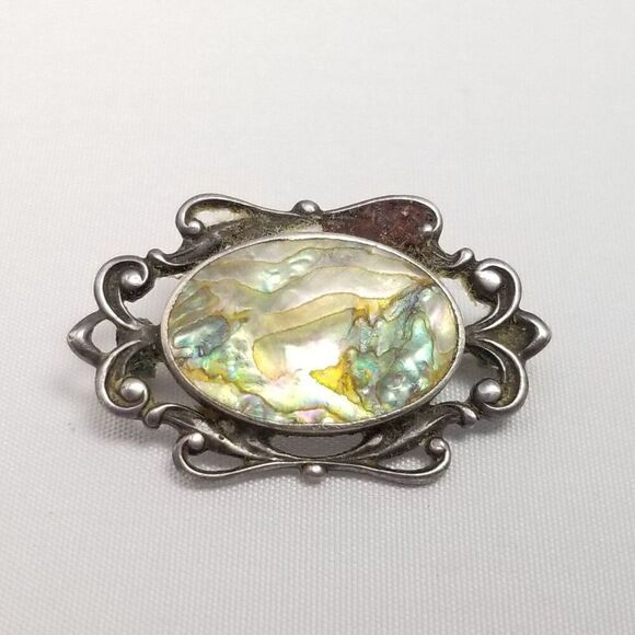 Antique Sterling Silver Mother of Pearl Victorian Oval Brooch Scroll Design - Picture 2 of 8